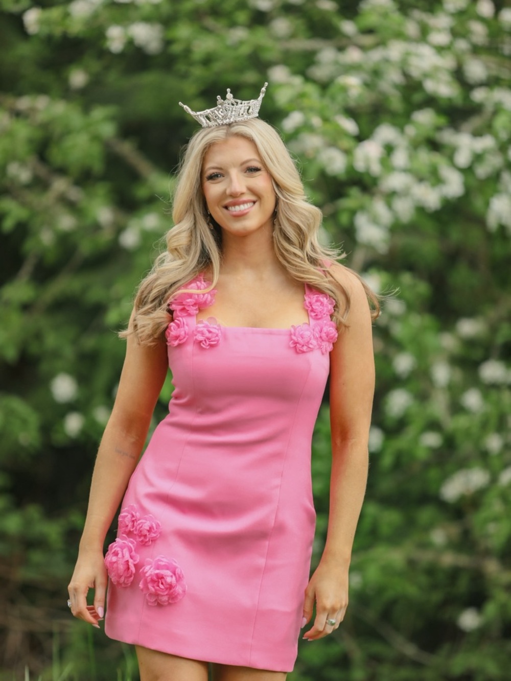 Elliatt Hot Pink Square-Neck Mini Dress with Floral Appliqués